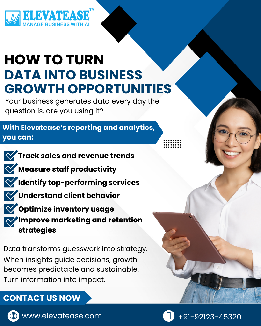 A detailed business analytics dashboard showing revenue trends, service consumption, and package performance metrics.